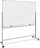 OfficeMarshal Whiteboard mit Ständer 90 x 120cm mobiles Whiteboard auf Rollen doppelseitige Stativdrehtafel magnetisch, beschreibbar, rollbar, leicht abwischbar mit Stifteablage, Aluminiumrahmen