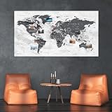 XXL Weltkarte als Pinnwand | Reiseziele und Urlaub pinnen | Landkarte aus edlem Vlies in Grau | 130 x 70 cm, inkl. 20 Fähnchen
